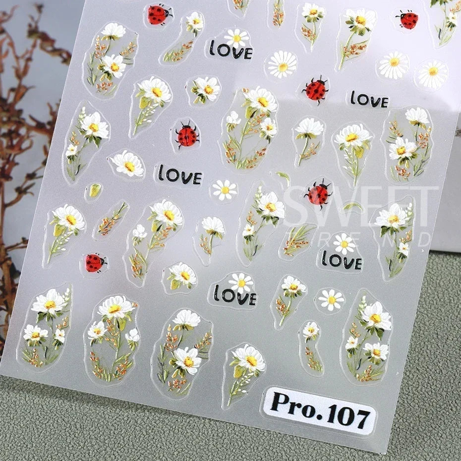 5D Daisy Flower Nail Stickers Cute Bee Blossom Petal Insect Self Adhesive Manicure Decal DIY Spring Summer Nail Art Decoration
