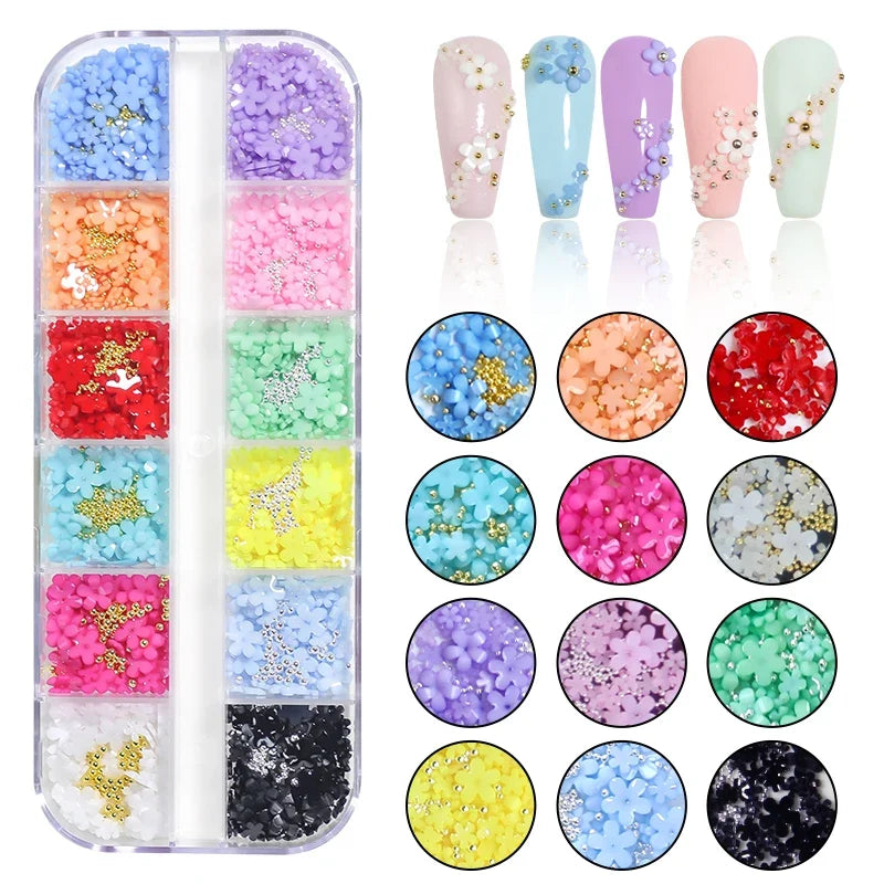 3D Acrylic Flowers Nail Charms Resin Five-petal Flowers Nail Art Decorations With Nail Ball Luxury Nail Rhinestones DIY Manicure