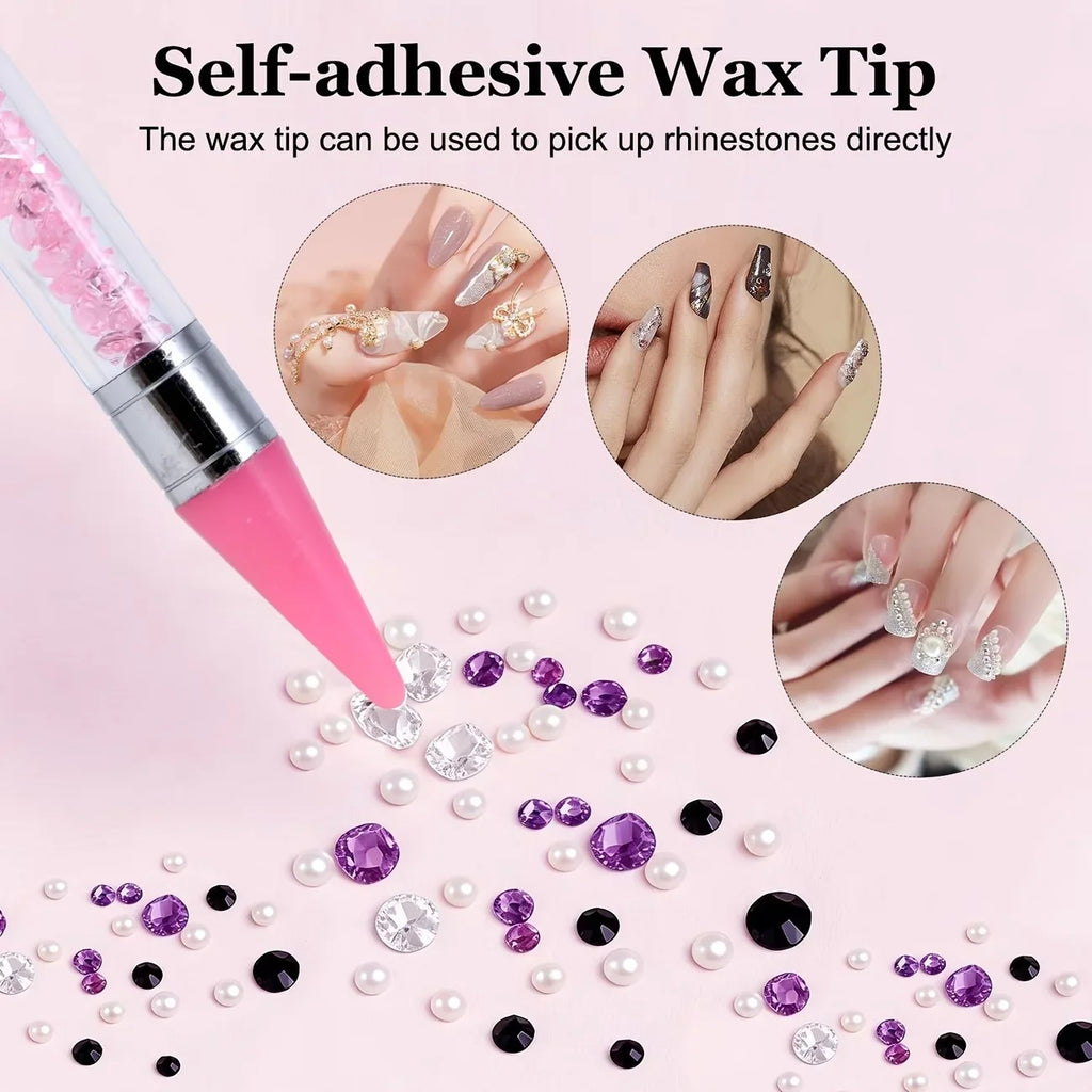 Dual-End Nail Rhinestone Picker Tool Set, Wax Dotting Pens Curved Tweezer Rhinestone Storage Tray, DIY Nail Art Gem Pick Up Tool