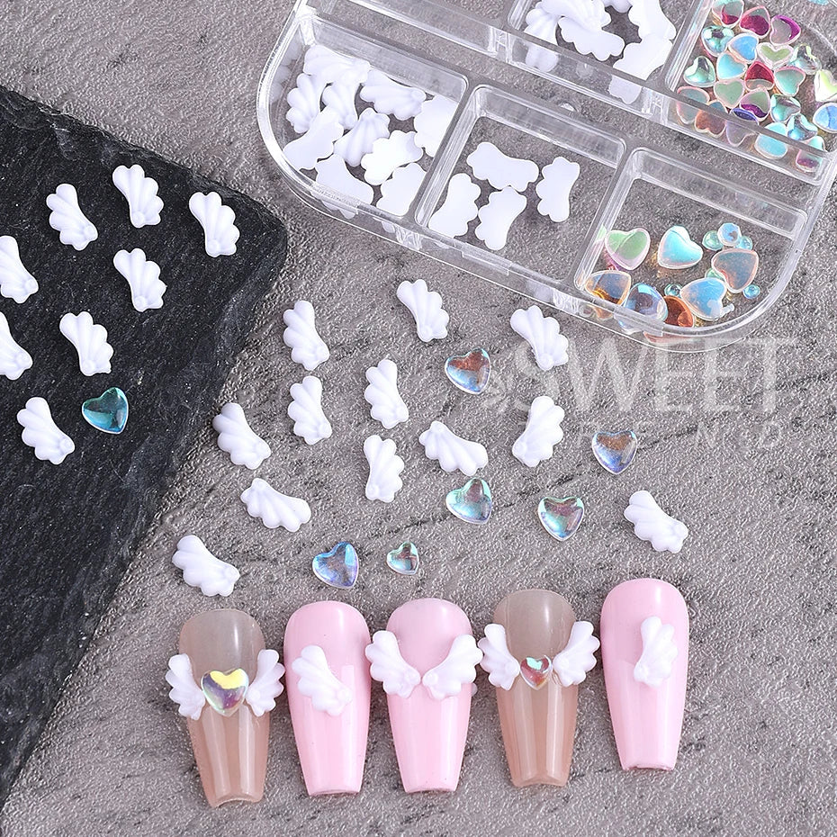 1 Box 3D Cute White Angel Wings Nail Art Charms Kawaii Love Heart Manicure Accessories Crystals Jewelry Part Nail Supplies Decor