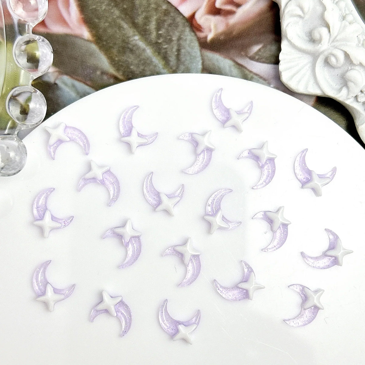 50PCS Transparent Resin Moon Cloud Nail Art Charms with White Purple Sparkling Four-pointed Star Nail Decoration DIY Nail Crafts