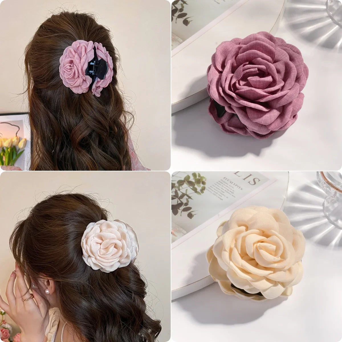 16 Colors Sweat Medium Size Cotton Fabric Rose Flower Hair Claw Clips for Women Korean Ctach Shark Clamp Hair Accessories 2024