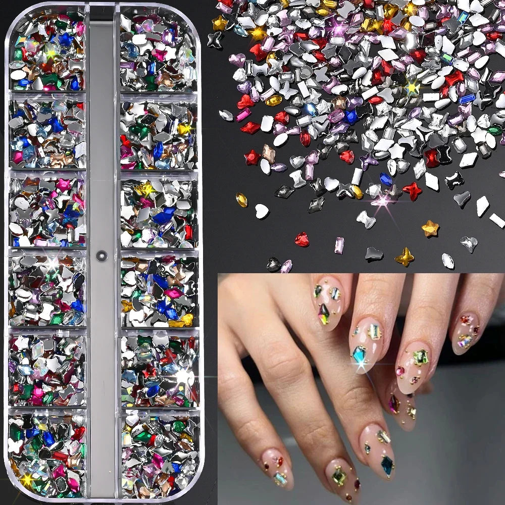12Grids Ocean Gold Nail Art Charms Shell/Seahorse/Starfish White Half Round Pearl Gems 3D Mixed Punk Manicure Metal Rivets Studs