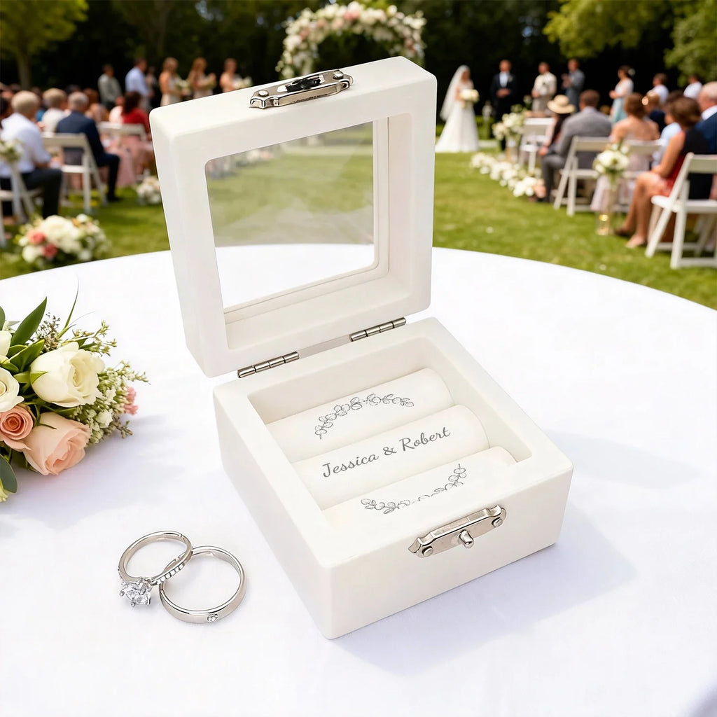 Wedding Ring Box Personalized White Customized Wedding Ring Holder Ceremony Ring Box Custom Name Ring Box