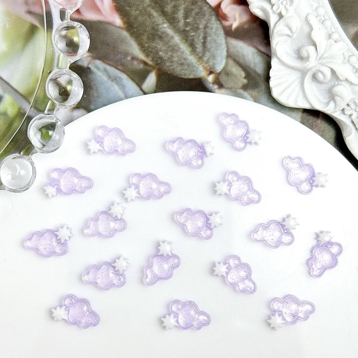 50PCS Transparent Resin Moon Cloud Nail Art Charms with White Purple Sparkling Four-pointed Star Nail Decoration DIY Nail Crafts
