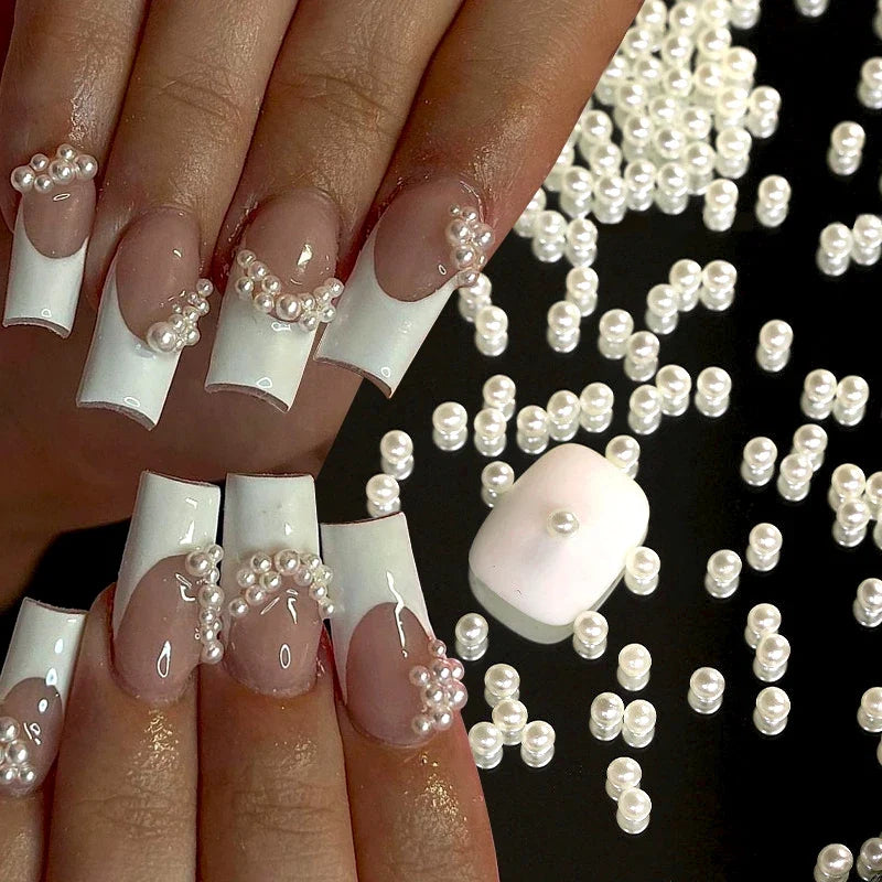 White Pearls Nail Beads DIY Manicure 3D Nail Art Decoration Rhinestone Half Round Mixed Size Beige Flatback Nail Material Supply