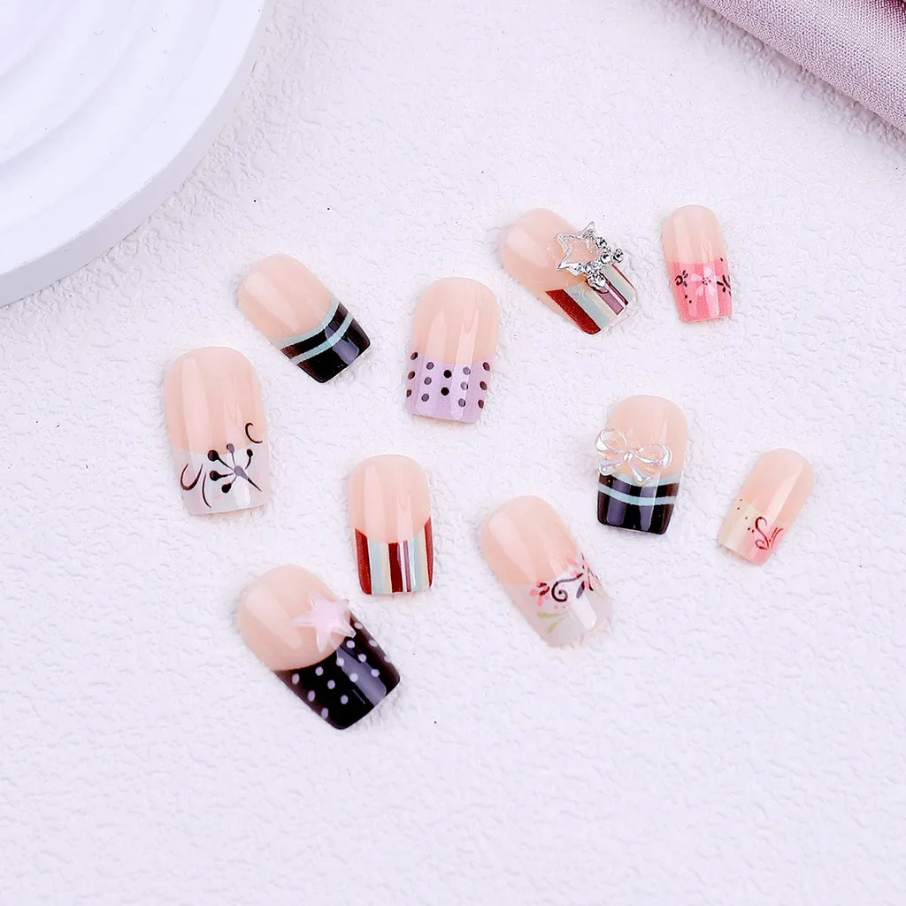 24pcs Stripes Polka Dot Colorful French Style False Nails Silver Metal Bowknot Stars Decor Press On Nails Y2k Square Fake Nail