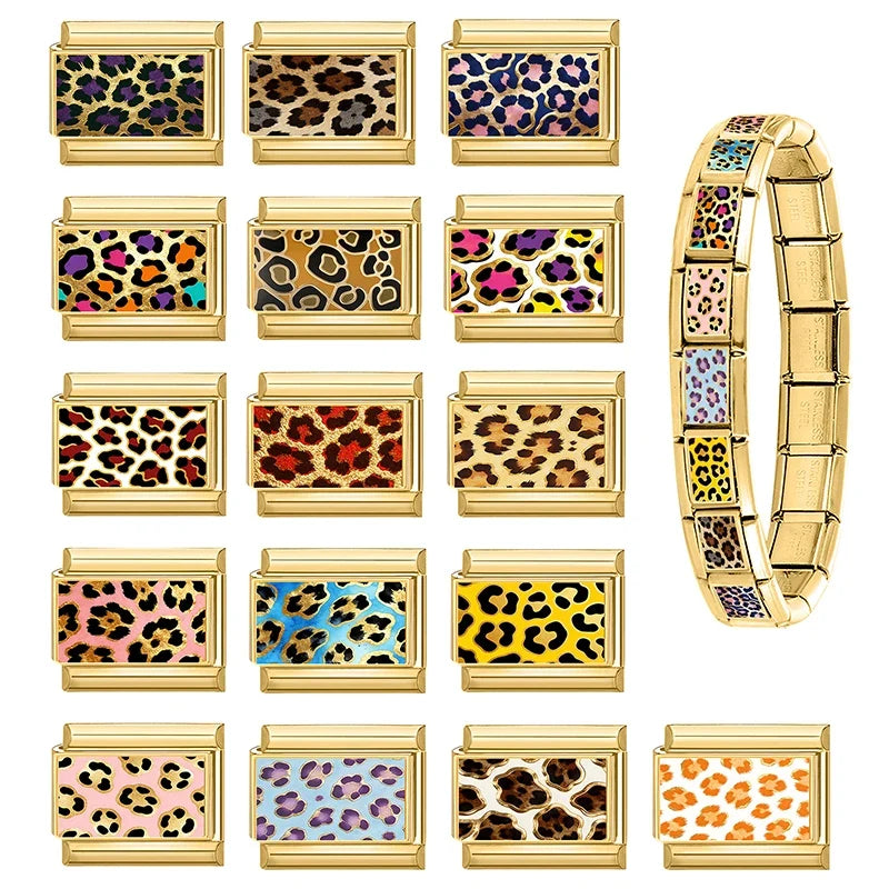 New Fashion Leopard Pattern Series Y2K Golden Italian Charm Links Fit 9MM Stainless Steel Bracelet DIY Making Jewelry