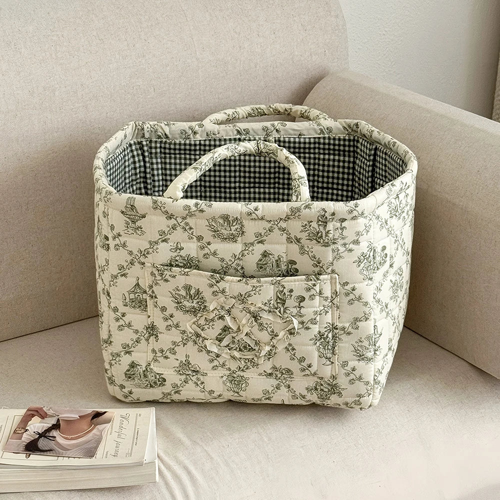 Airfriend Vintage Floral Organizers Basket With Handle Portable Home Room Quilted Foldable Storage Basket For Snack Clothes Toys