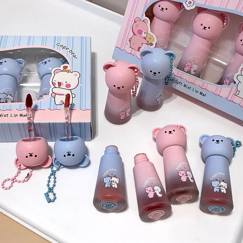 Gege Bear Cute Bear Pendant Matte Lip Glaze, Matte Velvet Lip Clay Long-lasting Color Non-drying Autum Winter Lipstick