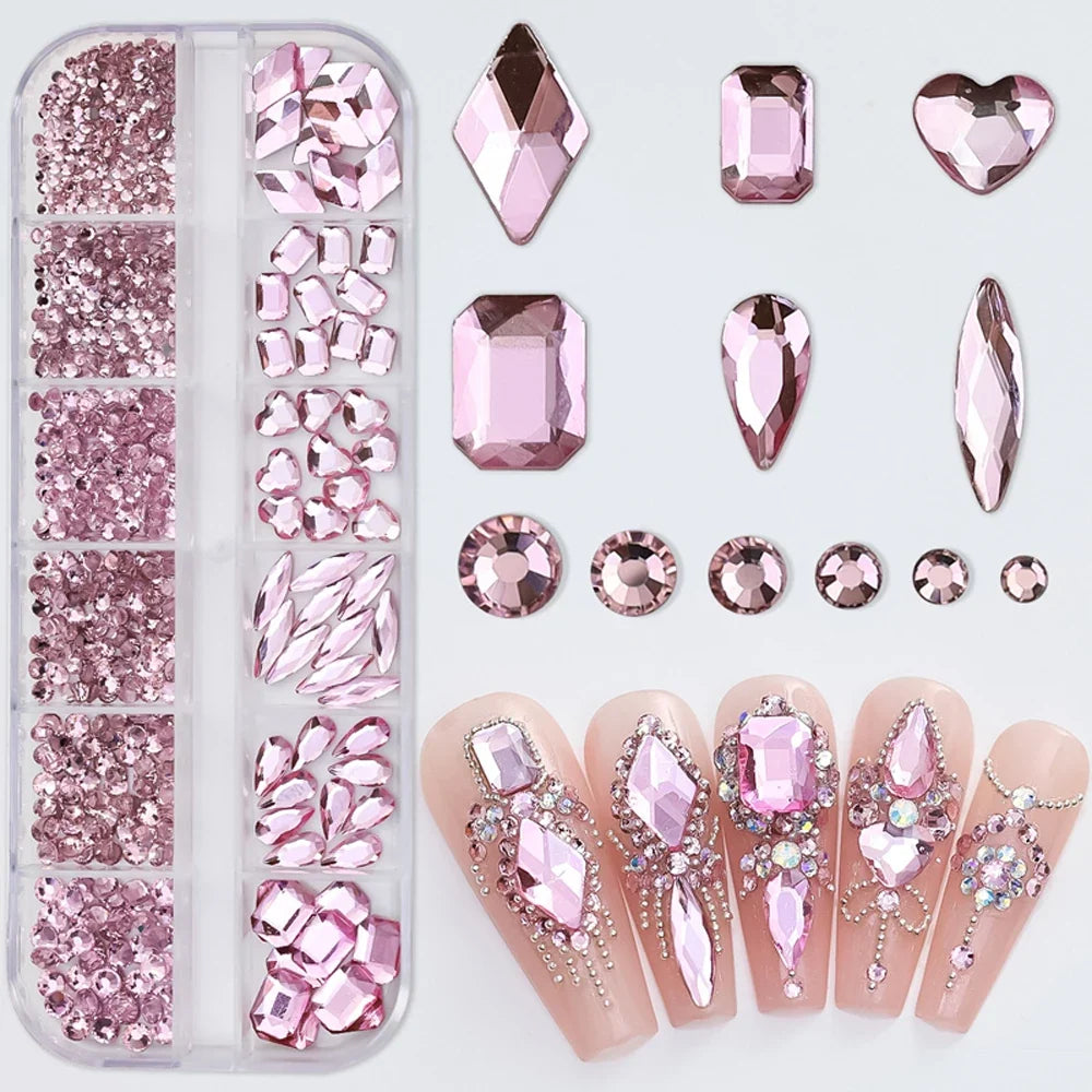 1000pcs+ Lake Blue Nail Rhinestones 12 Grids Mixed Shaped Non Hot Fix Flatback Crystal Nail Decoration DIY Luxury Nail Supplies