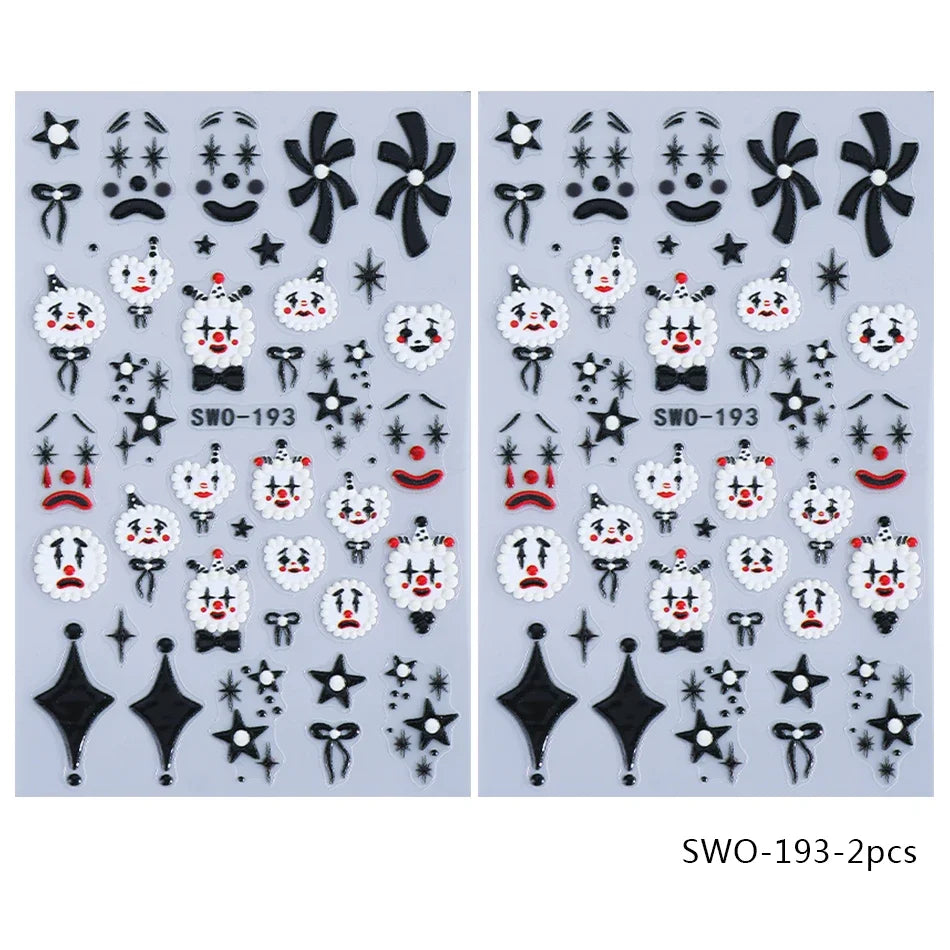 2pcs Halloween Nail Stickers Wacky Expression Clown Face Bowknot Star Pattern Nail Decals DIY Manicure Decoration Nail Supplies