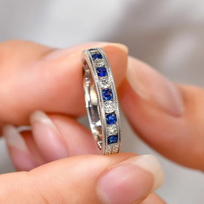 Huitan Luxury Blue/White Cubic Zircon Rings for Women Classic Wedding Engagement Band Accessories Silver Color Eternity Jewelry