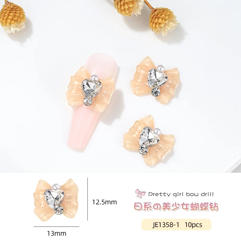 10pcs Resin Bowknots Glass Heart Diamonds Nail Charms Shiny Cute Bowknots Japanese Nail Jewelry Women Nail Art Decor Accessories