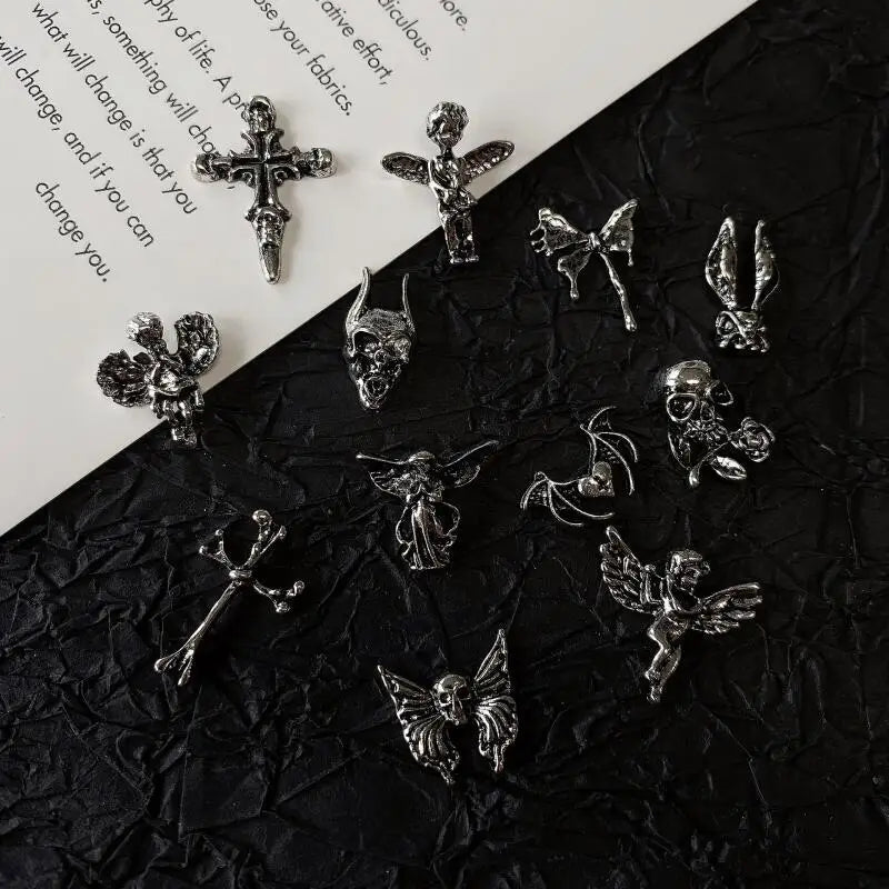 10pcs Gothic Punk Style Nail Art Charms Antique Silver Alloy  Jesus Catholic Cross Accessories Devil Angel Nail Decorations