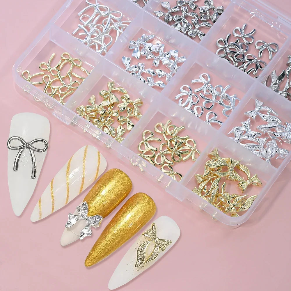 96/50Pcs 3D Bowknot/Ribbon Metal Nail Art Charms Sliver/Gold Alloy Bows Nails Rhinestones Decor Luxury DIY Manicure Accessories