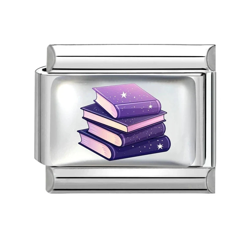 2026 Women's UV Style Purple 3D Flowers Books Candle Italian Charm Link Fit 9mm Stainless Steel Module Bracelet Making Jewelrys