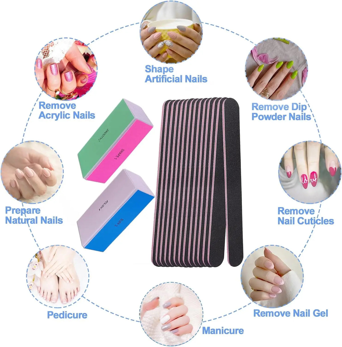 12Pcs Professional Nail File and Buffer Set 10pcs 100/180 Grit Emery Boards 2pcs 4 Way Buffing Blocks Manicure Nail Care Tools