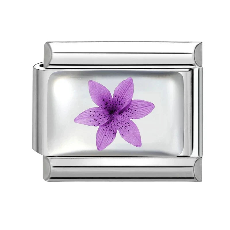 2026 Women's UV Style Purple 3D Flowers Books Candle Italian Charm Link Fit 9mm Stainless Steel Module Bracelet Making Jewelrys