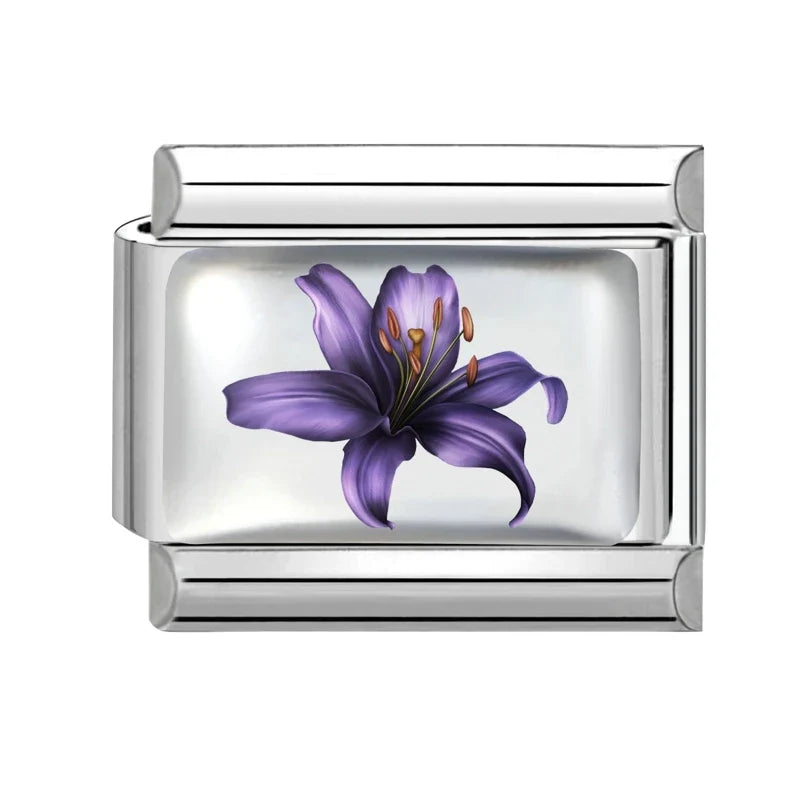 2026 Women's UV Style Purple 3D Flowers Books Candle Italian Charm Link Fit 9mm Stainless Steel Module Bracelet Making Jewelrys