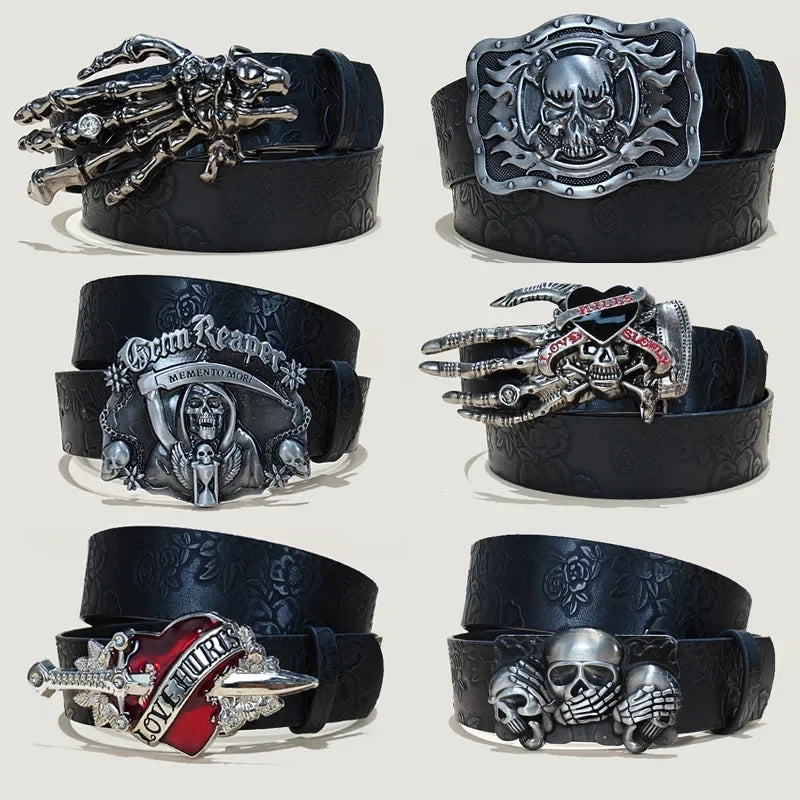 Punk Skull Plus Size Leather Belt For Women and Men Harajuku Gothic Y2K Embossed Skeleton Hand Decoration Halloween Accessories