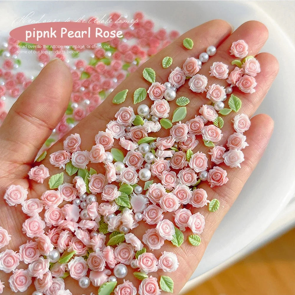 20pcs Lace Bow &30pcs 3D Mixed Size Pearl Resin Flower Pink Rose Nail Charms Accessories Nail Art Luxury Decoratons Supplies