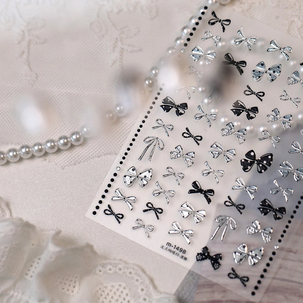 Metal Bow 5D Nail Art Stickers Black White Dot Bow Silver Embossed Y2K Bowknot Self Adhesive Punk Nail Decor Manicure Supplies
