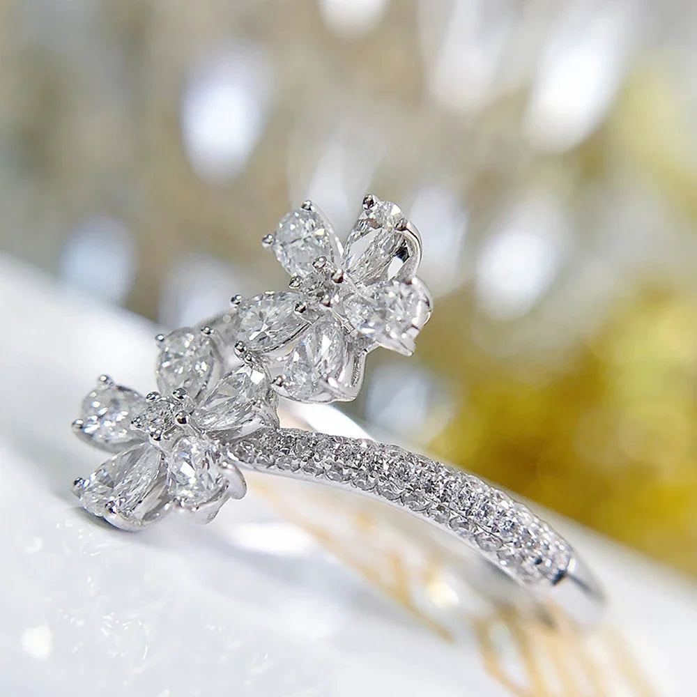 Huitan Luxury Crystal Flowers CZ Adjustable Opening Rings for Women Romantic Bridal Wedding Party Finger Rings Statement Jewelry