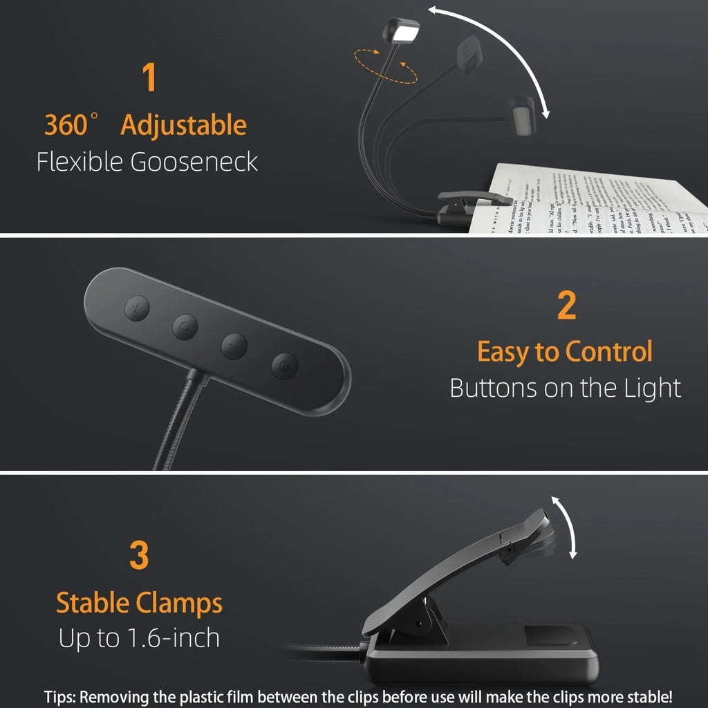 1 pcs USB Rechargeable Book Light 3 Color Adjustable LED Reading Lamp with Clamp Eye-Care Night Light for Bed, Study Desk