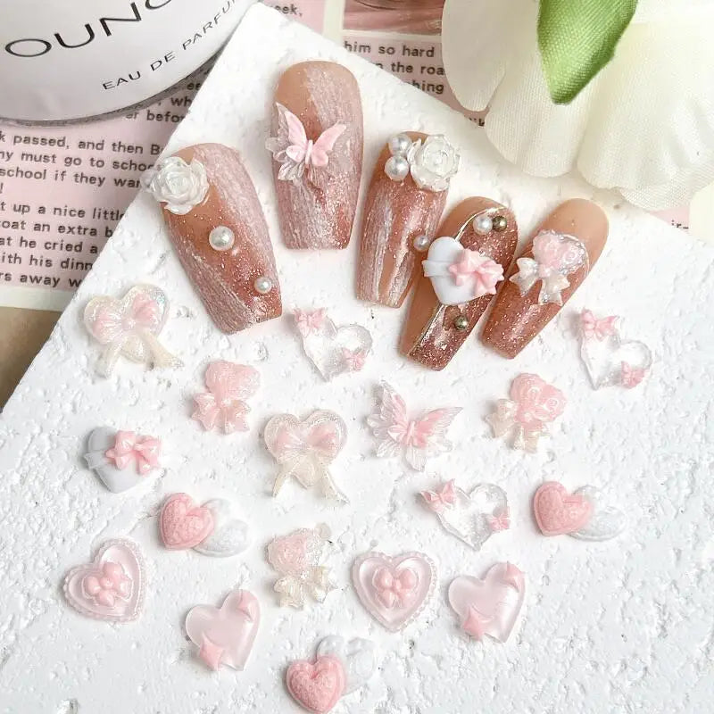 30PCS Double Heart Butterfly Pink Series Nail Art Charms Luminous Translucent Bow Four-pointed Star  Resin Nail Decorations DIY