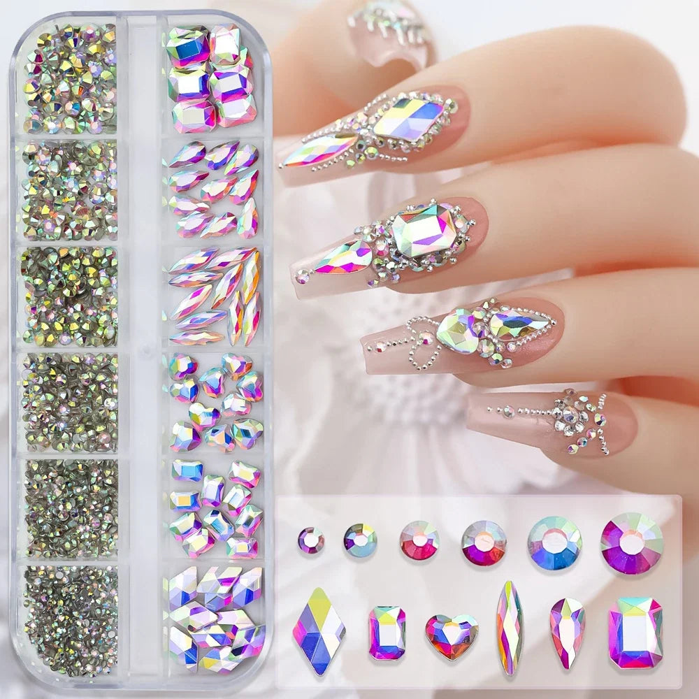 1000pcs+ Lake Blue Nail Rhinestones 12 Grids Mixed Shaped Non Hot Fix Flatback Crystal Nail Decoration DIY Luxury Nail Supplies
