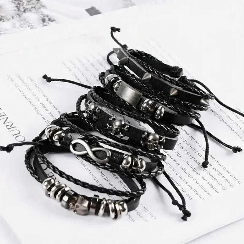 1Set Black Punk Skull & Star Shaped Alloy & Pu Leather Bracelet