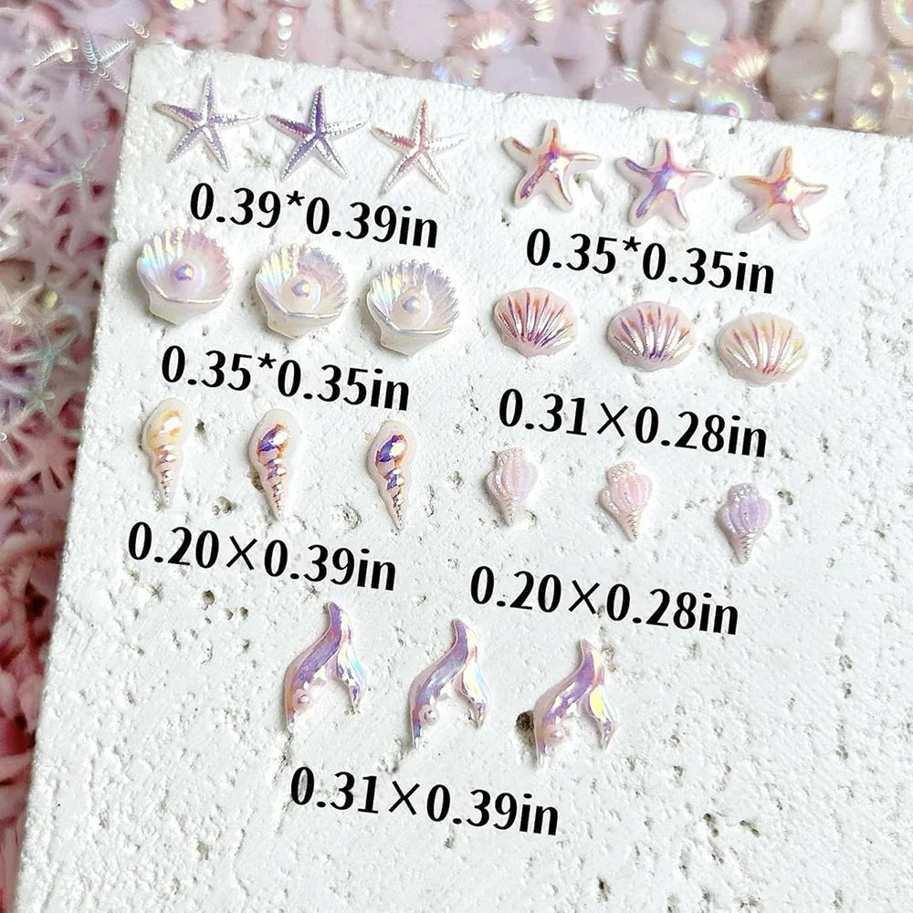 50pcs Mix Summer Beach Nail Rhinestones Ocean Theme Shell Starfish Manicure Charms Pink Ocean Gems Flat Back Nail Supplies