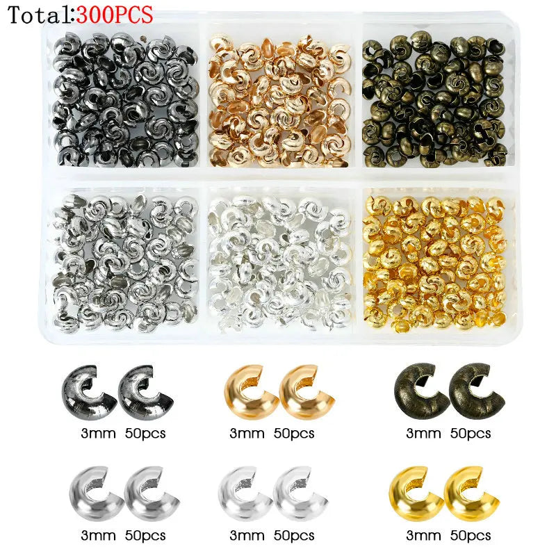 600pcs/Box 6 Styles Brass Tube Crimp Beads Tips Knot Covers Wire Guardians Protectors End Bead for DIY Jewelry Making Supplies