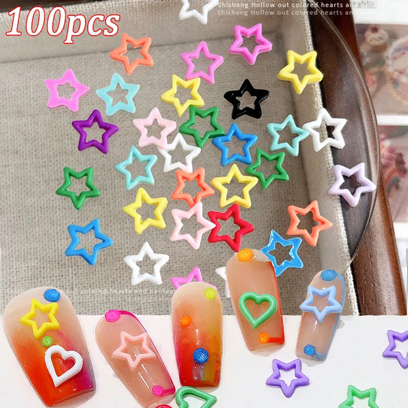 100pcs Y2K Colorful Mini Hollow Star Nail Art Charms Resin 8mm Cute Star Heart Nail Decorations 3D FlatBottom Matte Stars Nails