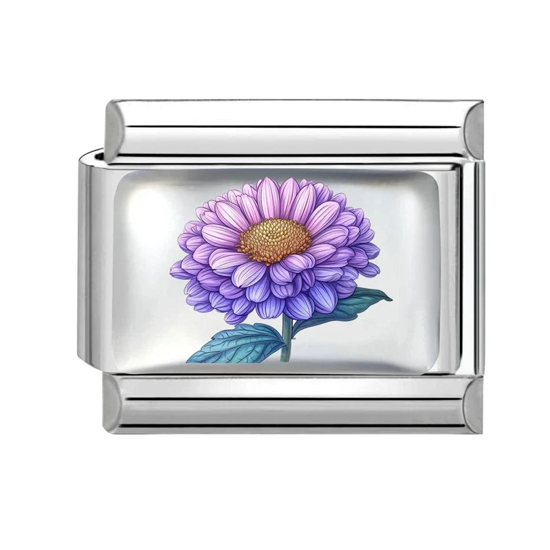 2026 Women's UV Style Purple 3D Flowers Books Candle Italian Charm Link Fit 9mm Stainless Steel Module Bracelet Making Jewelrys