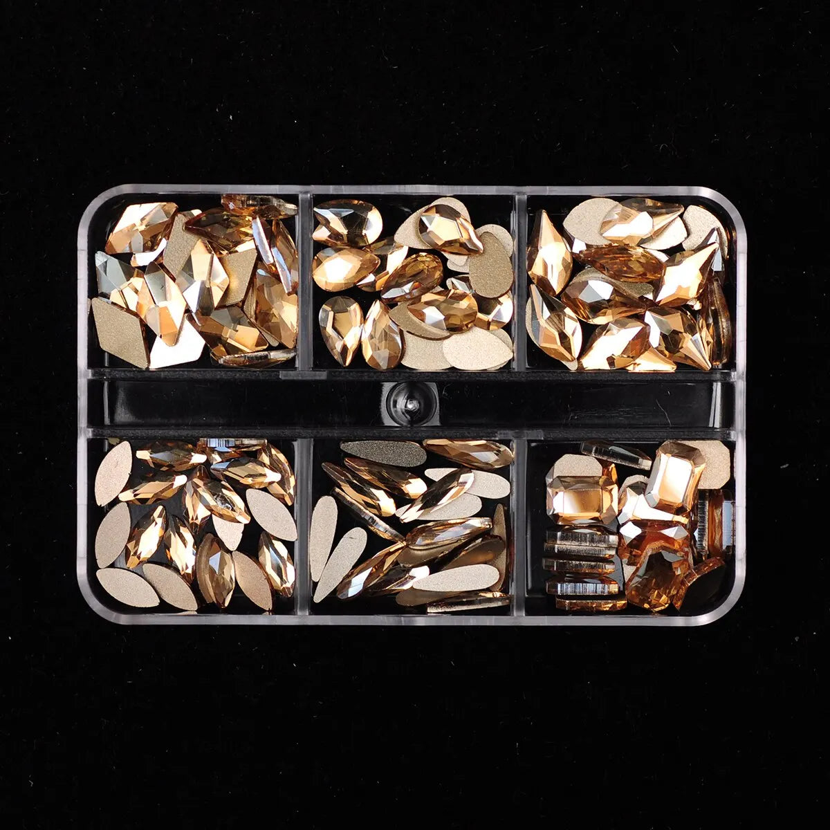 6 Grids 120pcs Mixed Shapes Golden Shadow Nail Rhinestones Nail Charms Accessories Flat Back 3D DIY Nails Art Decoration