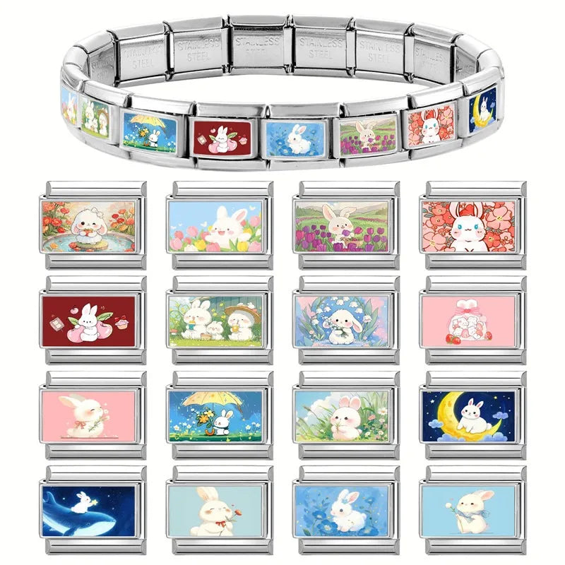 Easter Colorful Rabbits Series Beautiful Flowers Italian Link Fit 9mm Stainless Steel Bracelet Jewelry Making DIY Gift Wholesale