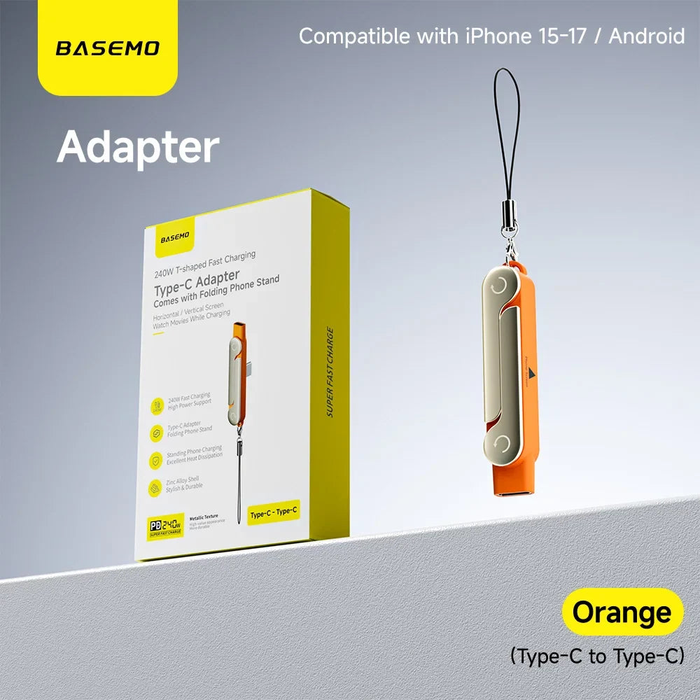 240W 2-in-1 Black/Orange Fast Charging Foldable Bracket Data Cable Type-C to Type-C Data Wire with Phone Tablet Stand