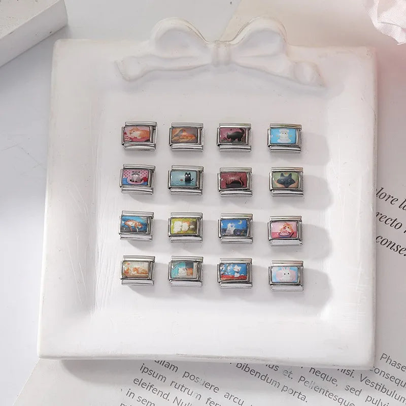 2026 New Women's Gift Cute Cat Looks at the cake Italian Charm Links Beads Fit 9mm Stainless Steel Modular Bracelet Jewelry Gift