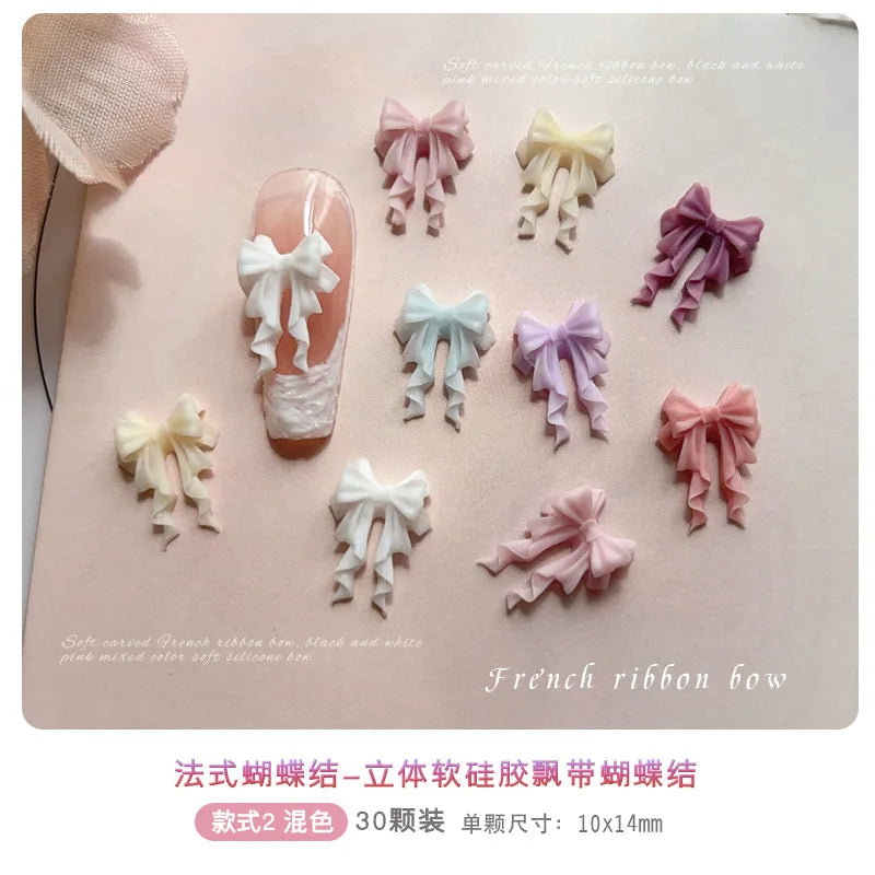 30Pcs Soft Acrylic Ribbon Bow Tie Nail Art Charms Accessories For Manicure Decor Sweet Girl Nails Decoration Supplies Material