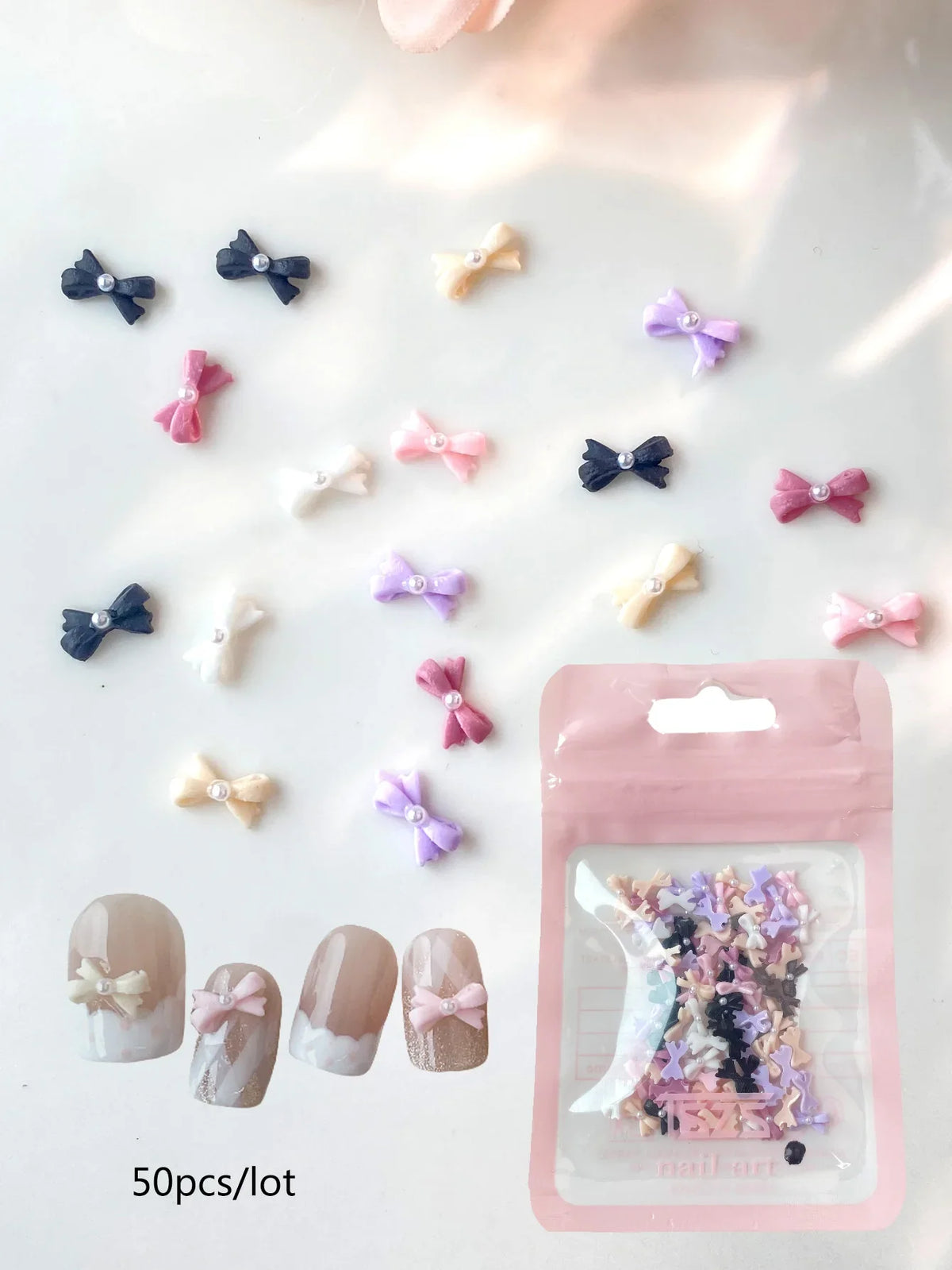 50pcs Mix Color Bow with Pearl Korea Style Nail Art Charms 3D Pink Black White Bowknot Nail Accessories DIY Design