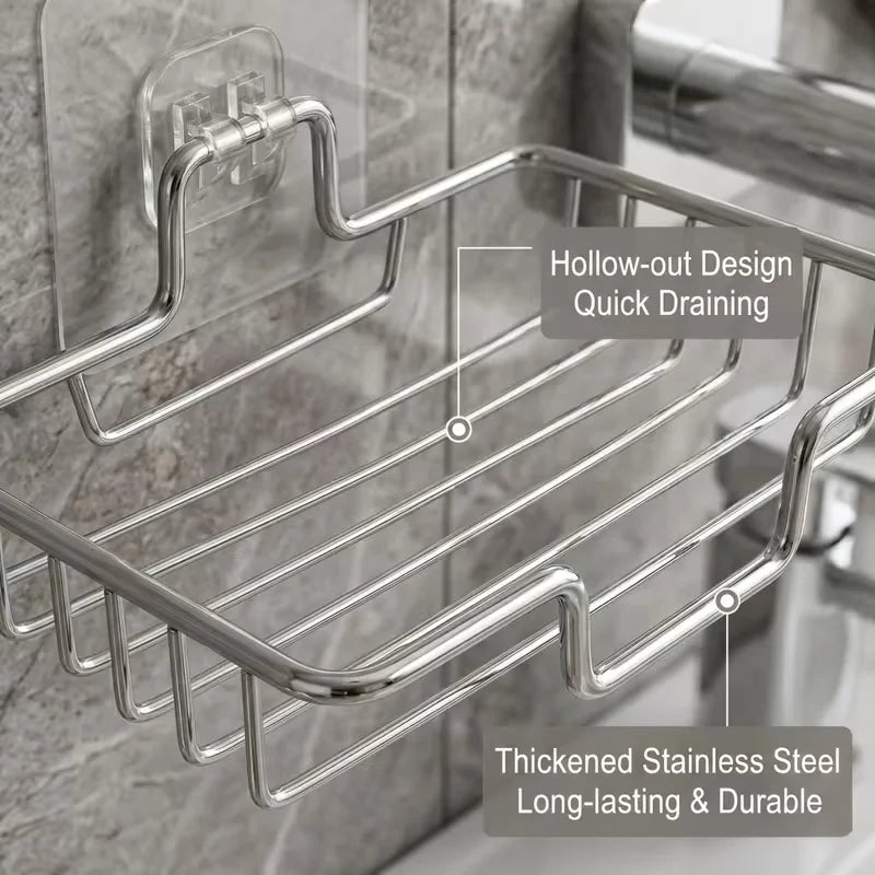 Multi-Purpose under Sink Organizer Silvery Stainless Steel Soap Dish Wall Mounted No Drill Soap Holder with Drainage 1/2/3pcs Se