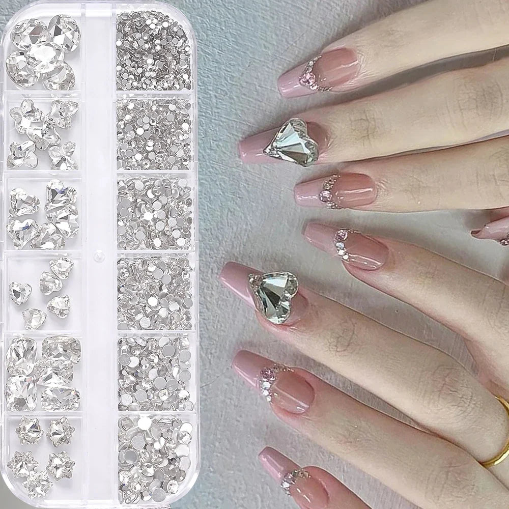 12Grids 3D Lake Blue Mixed Shape Nail Rhinestones Square/Round/Heart Glass Diamond Nail Art Charms Luxury Manicure Jewelry Gems