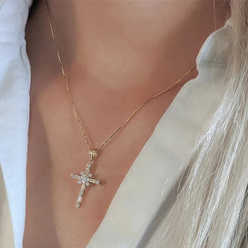 Huitan Fashionable Cross Pendant Necklace for Women Brilliant Cubic Zirconia Luxury Wedding Accessories Exquisite Neck Jewelry