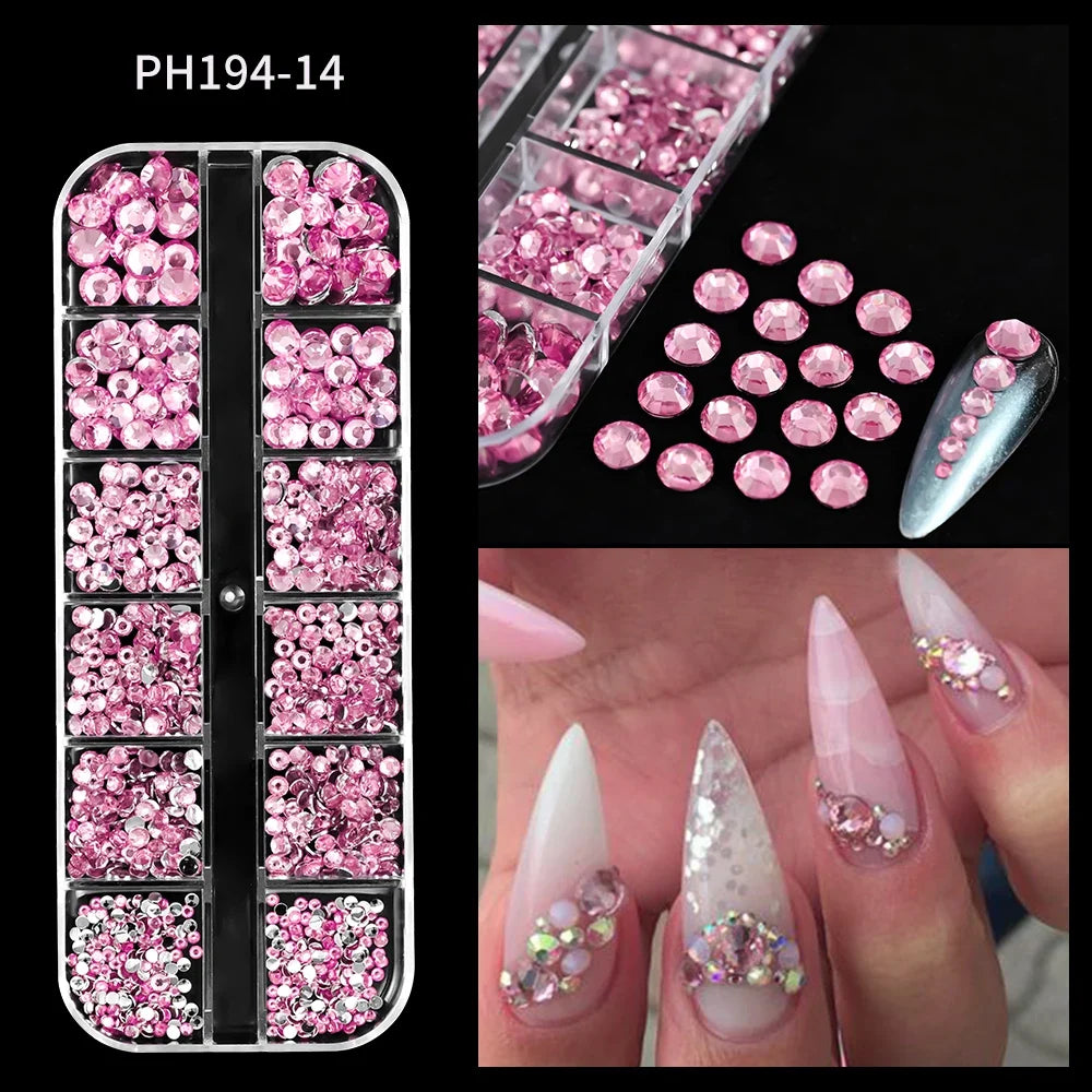 12Grids Ocean Gold Nail Art Charms Shell/Seahorse/Starfish White Half Round Pearl Gems 3D Mixed Punk Manicure Metal Rivets Studs