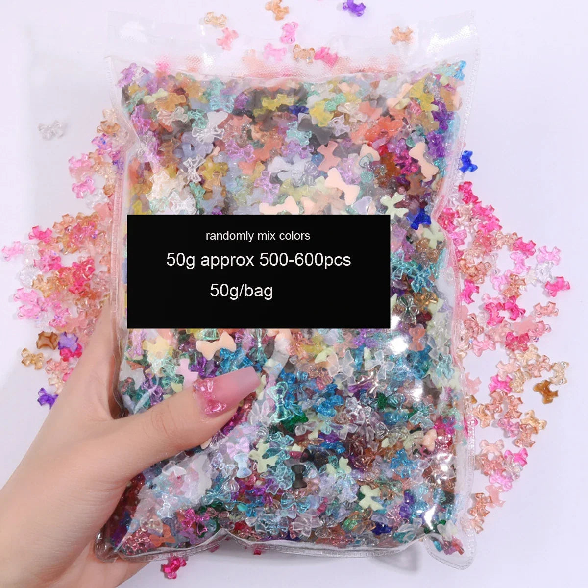 50g 3D Random Mixed Resin Bow/Diamond Nail Art Charms Cartoon Shapes Heart/Flower/Ribbon Rhinestone Cute DIY Manicure Accessory