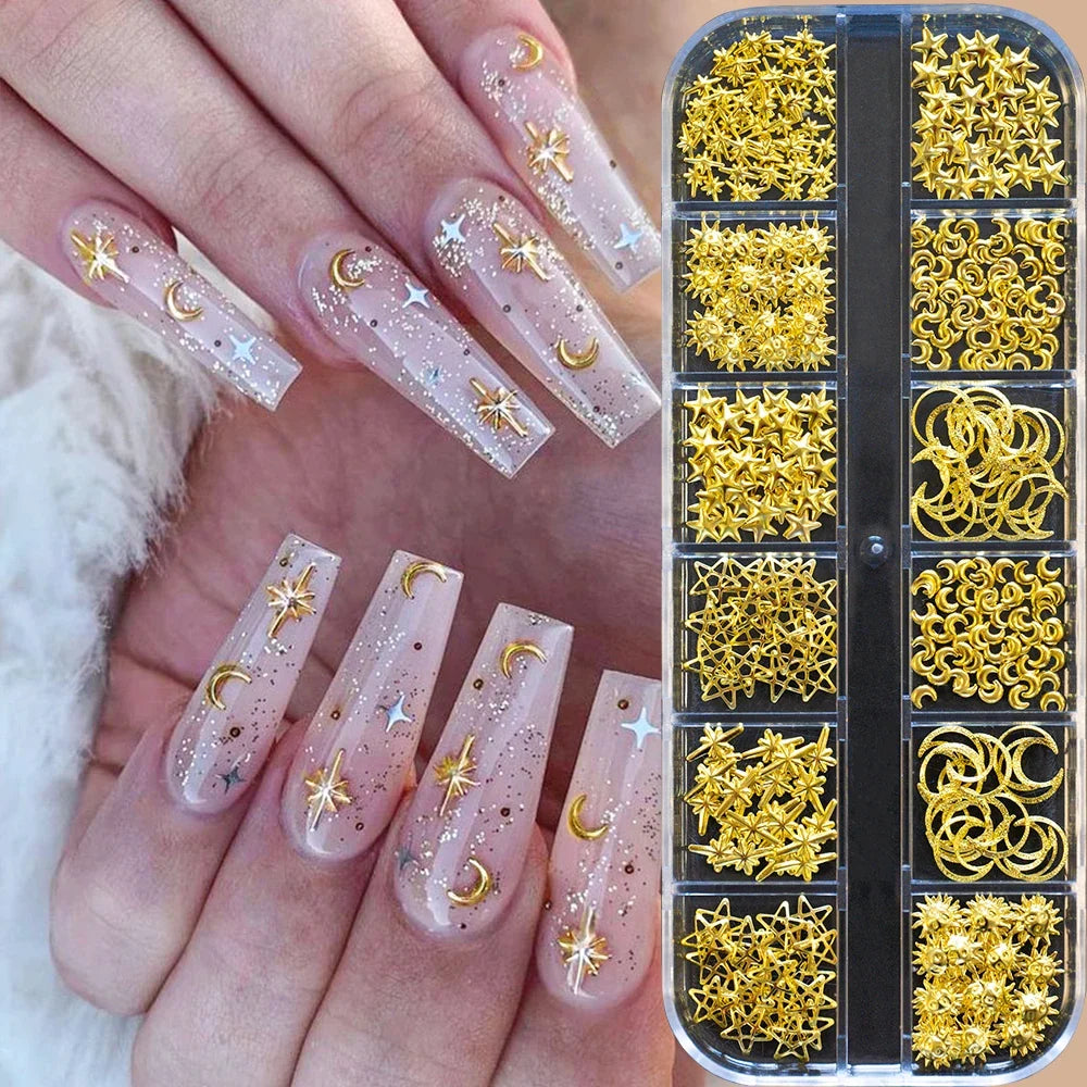 12Grids Ocean Gold Nail Art Charms Shell/Seahorse/Starfish White Half Round Pearl Gems 3D Mixed Punk Manicure Metal Rivets Studs