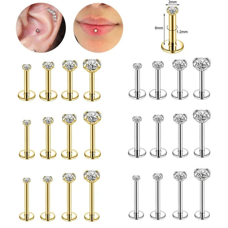 10Pcs/Lot 16G Stainless Steel Earrings Labret Lip Studs Set 2/3/4/5MM CZ Crystal Ear Cartilage Tragus Piercings Piercing Jewelry