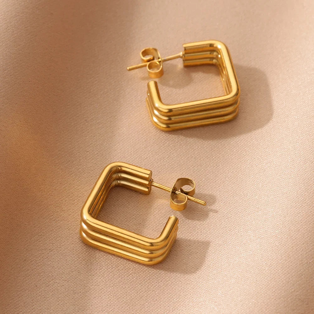 Square Stainless Steel Earrings for Women Piercing Gold Color Stud Earrings 2024 Trend Female Aesthetic Ear Jewelry aretes mujer
